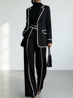 Black Blazer with Contrast Piping and Wide-Leg Trousers Set