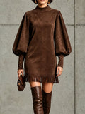 Chocolate Brown Faux Suede Mini Dress with Puff Sleeves and Fringe Hem
