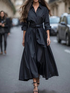 Vestido Maxi Elegante Estilo Camisa con Manga Larga y Lazo