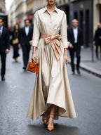 Vestido Maxi Elegante Estilo Camisa con Manga Larga y Lazo