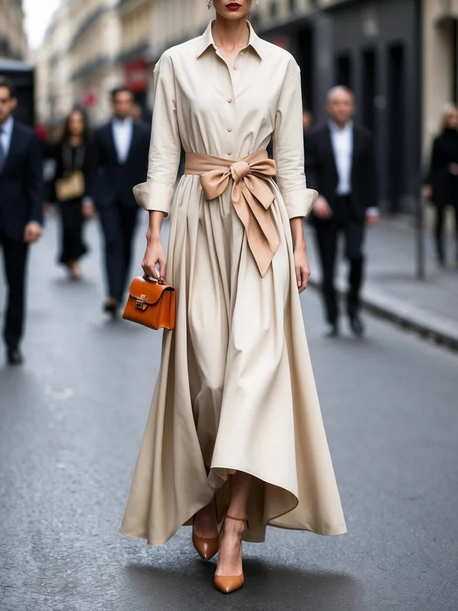 Vestido Maxi Elegante Estilo Camisa con Manga Larga y Lazo