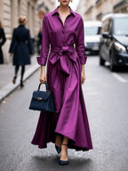 Vestido Maxi Elegante Estilo Camisa con Manga Larga y Lazo