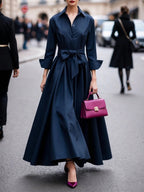 Vestido Maxi Elegante Estilo Camisa con Manga Larga y Lazo
