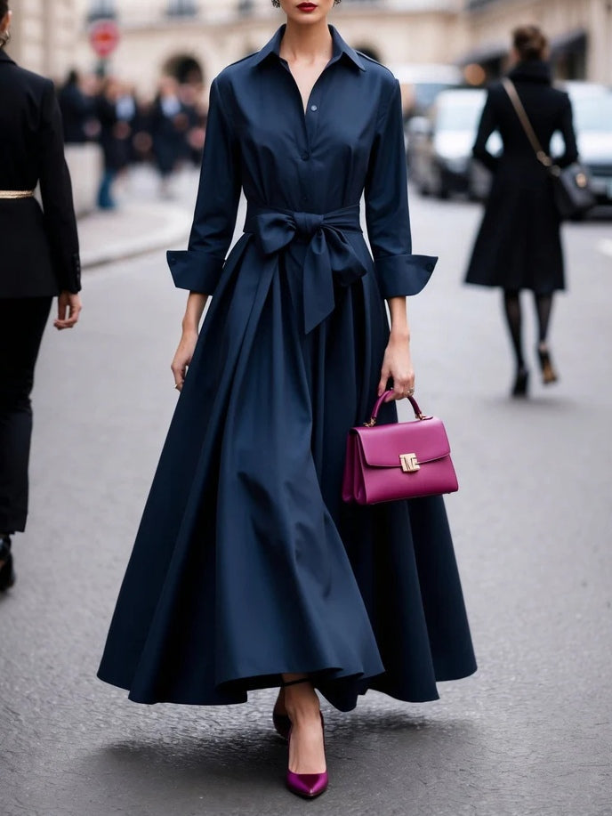 Vestido Maxi Elegante Estilo Camisa con Manga Larga y Lazo