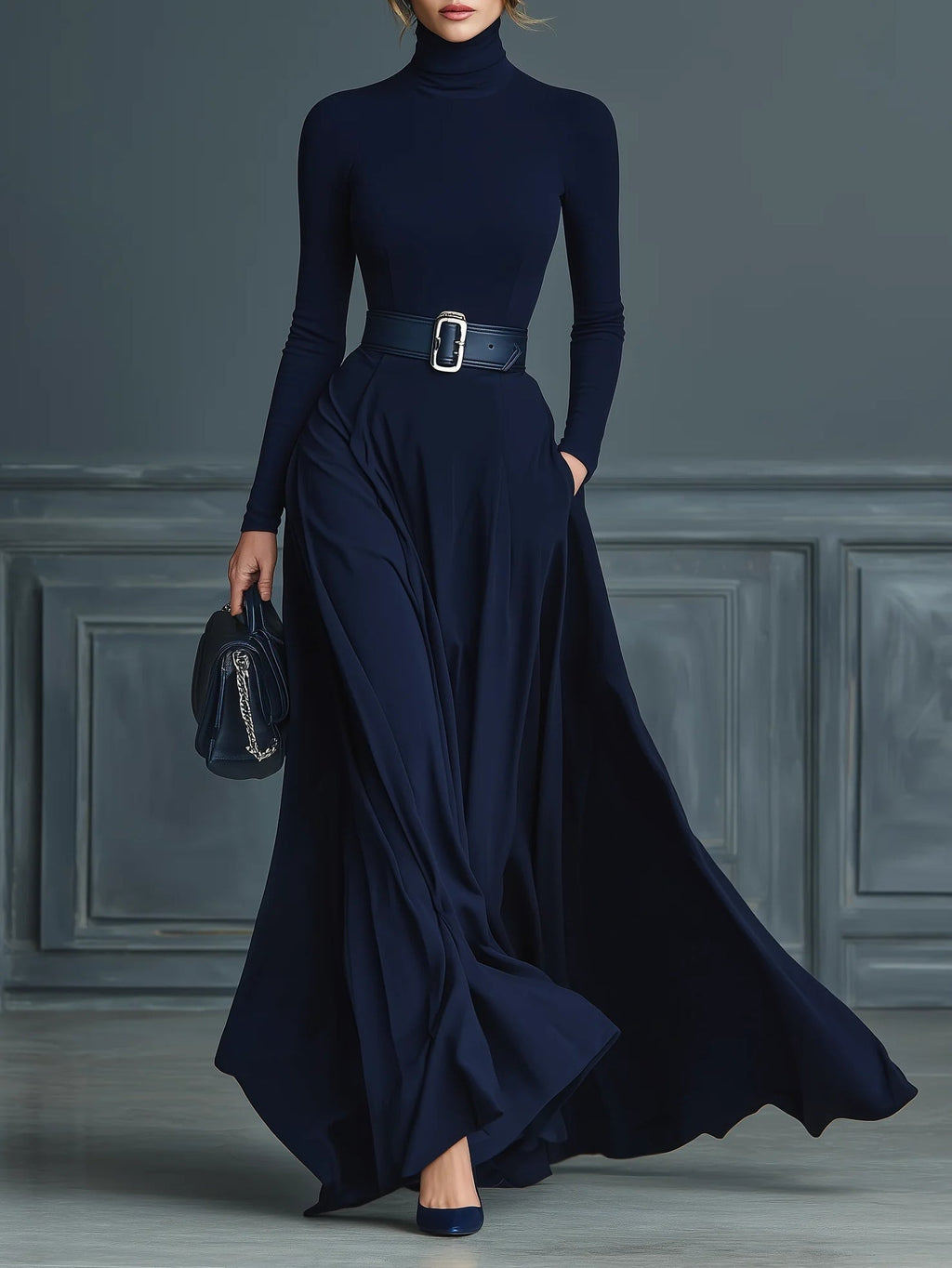 Vestido de Punto Azul Oscuro con Cuello Alto