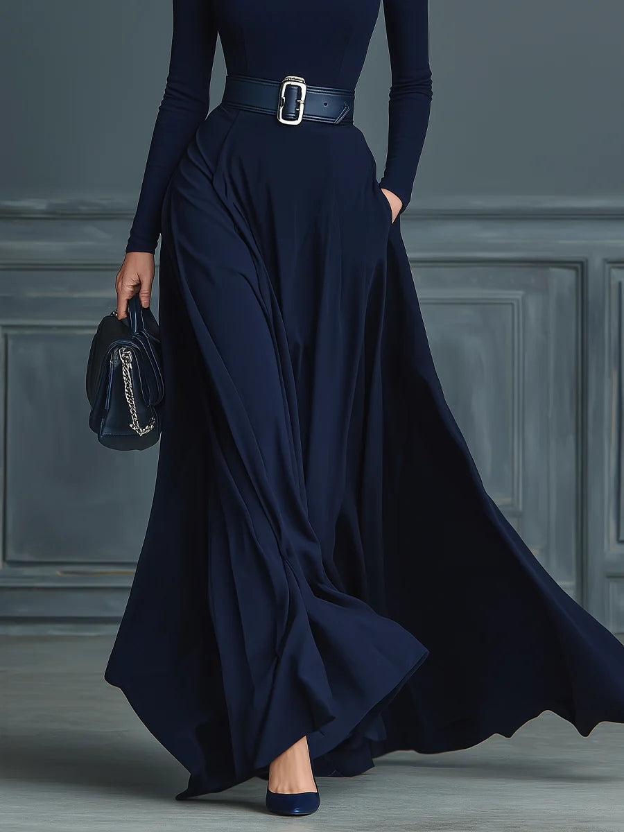 Vestido de Punto Azul Oscuro con Cuello Alto