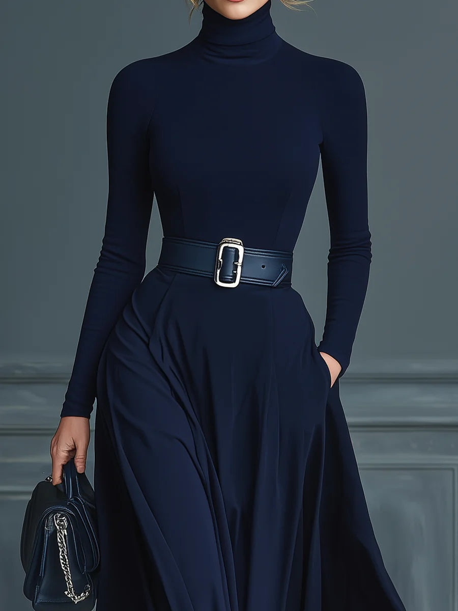 Vestido de Punto Azul Oscuro con Cuello Alto