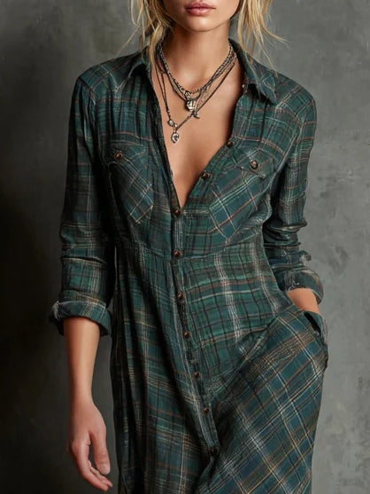 Green Plaid Shirt Dress with Lapel Collar and Button Placket