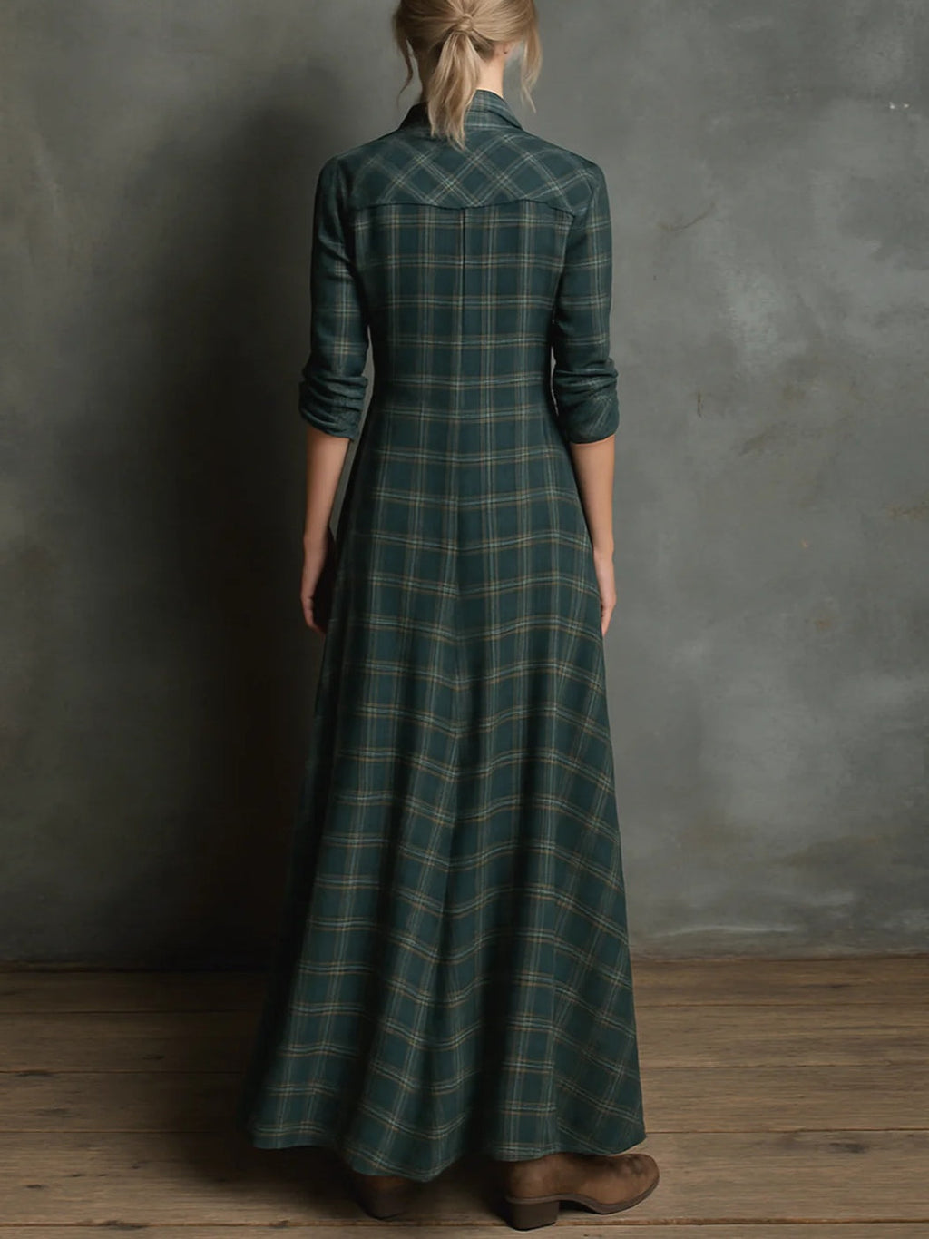 Green Plaid Shirt Dress with Lapel Collar and Button Placket