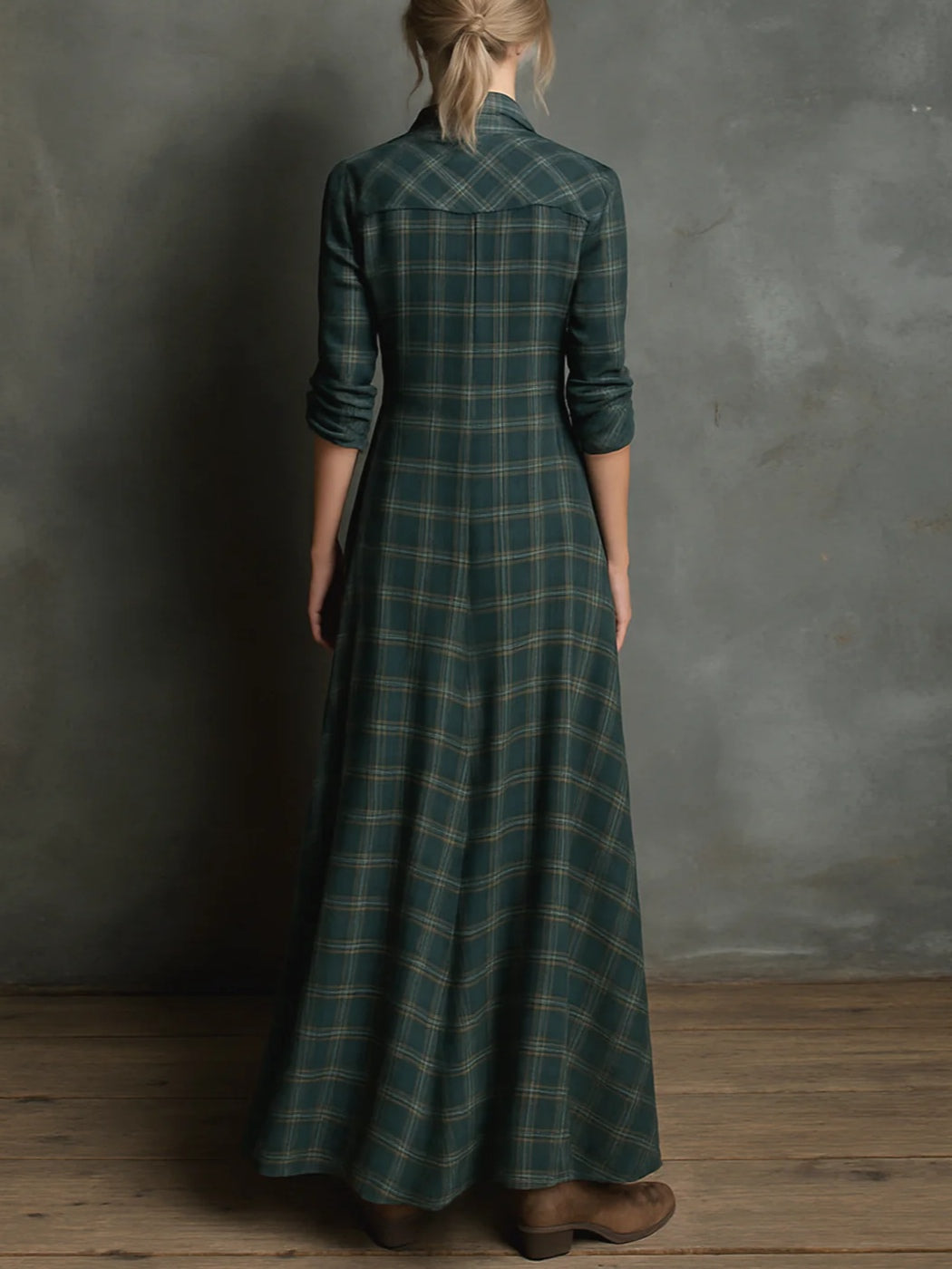 Green Plaid Shirt Dress with Lapel Collar and Button Placket