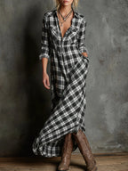 Green Plaid Shirt Dress with Lapel Collar and Button Placket
