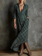 Green Plaid Shirt Dress with Lapel Collar and Button Placket