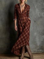 Green Plaid Shirt Dress with Lapel Collar and Button Placket