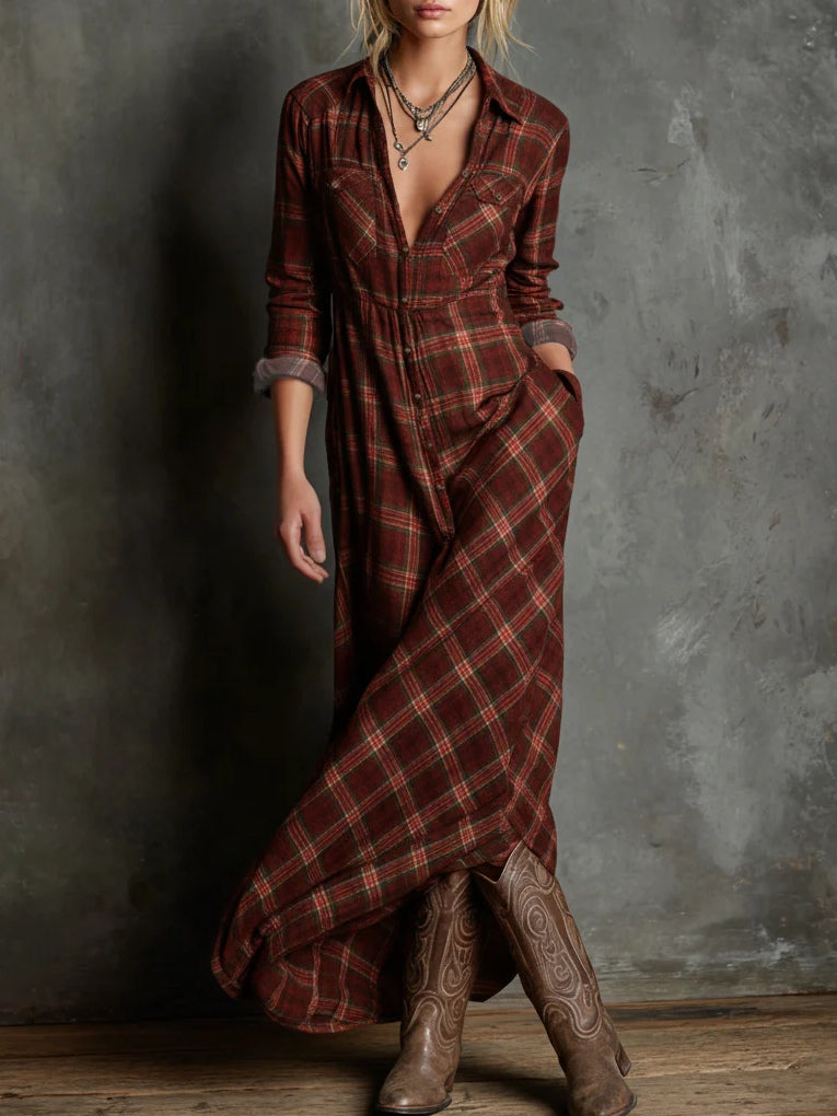 Green Plaid Shirt Dress with Lapel Collar and Button Placket