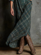 Green Plaid Shirt Dress with Lapel Collar and Button Placket