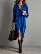 Vestido Midi Holgado de Pana con Doble Bolsillo y Botonadura
