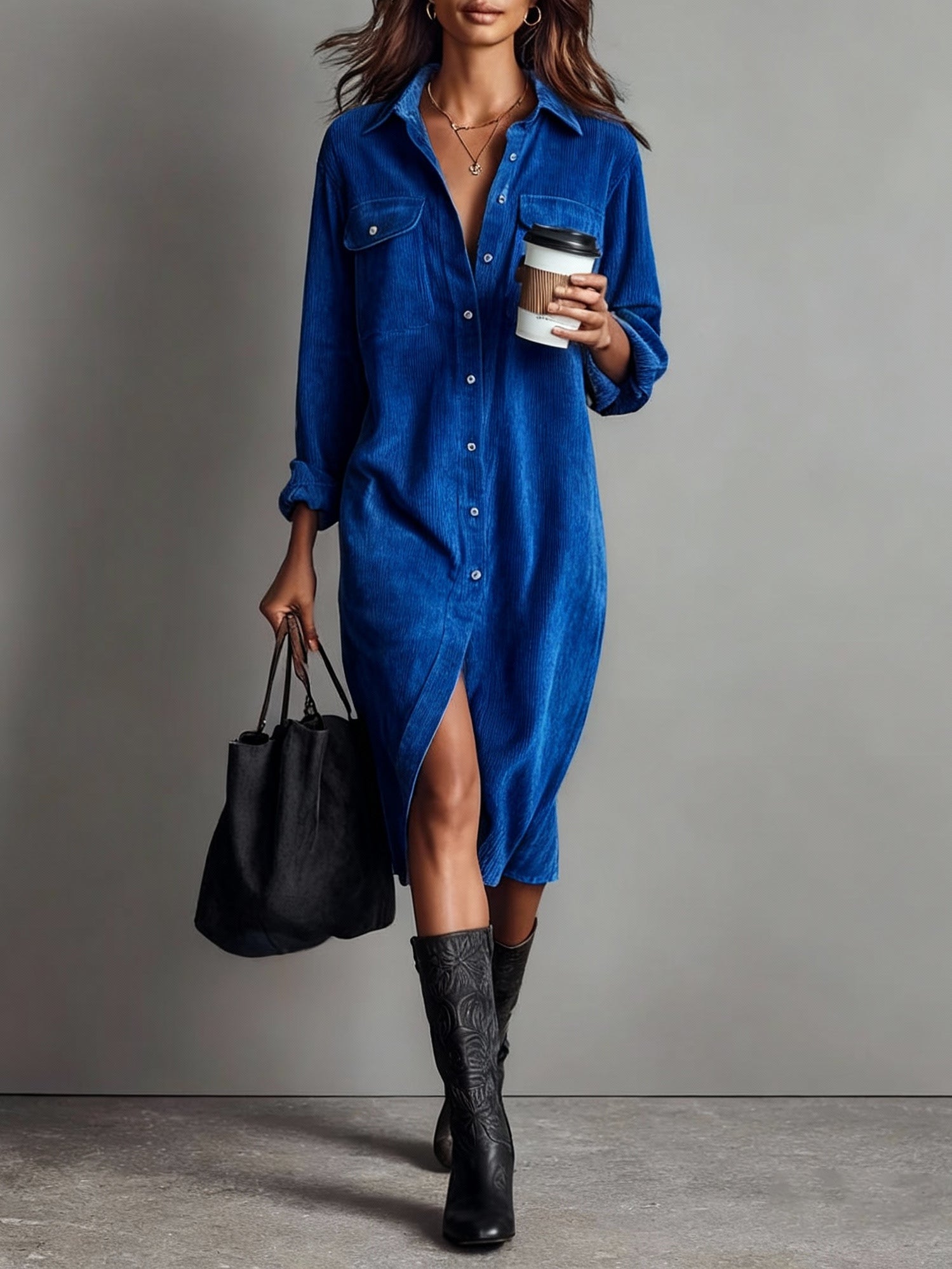 Vestido Midi Holgado de Pana con Doble Bolsillo y Botonadura
