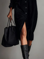 Vestido Midi Holgado de Pana con Doble Bolsillo y Botonadura