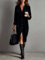 Vestido Midi Negro de Pana Holgado con Bolsillos y Botones