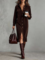 Vestido Midi Holgado de Pana con Doble Bolsillo y Botonadura