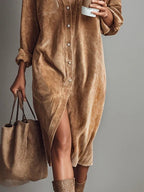 Vestido Midi Holgado de Pana con Doble Bolsillo y Botonadura