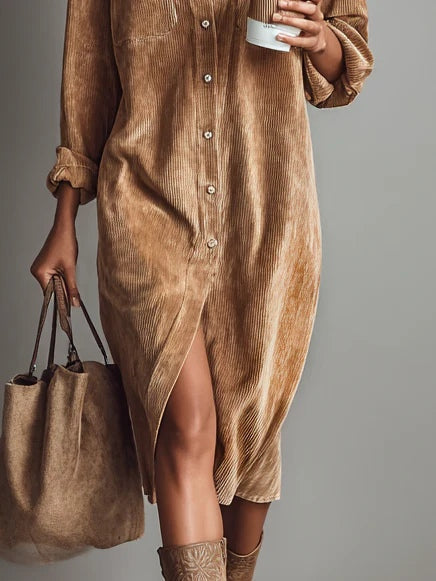 Vestido Midi Holgado de Pana con Doble Bolsillo y Botonadura