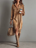 Vestido Midi Holgado de Pana con Doble Bolsillo y Botonadura