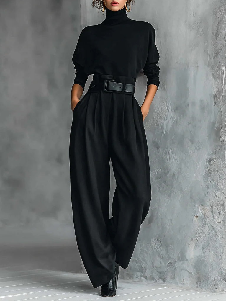 High-Neck T-Shirt and Straight-Leg Trousers Set All Black with Belt