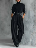 High-Neck T-Shirt and Straight-Leg Trousers Set All Black with Belt