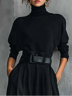High-Neck T-Shirt and Straight-Leg Trousers Set All Black with Belt