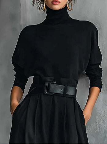 High-Neck T-Shirt and Straight-Leg Trousers Set All Black with Belt