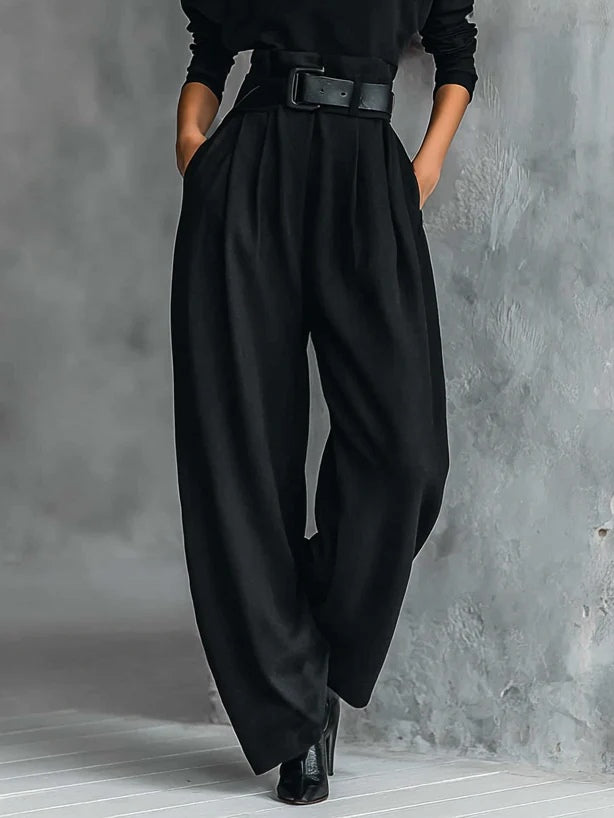 High-Neck T-Shirt and Straight-Leg Trousers Set All Black with Belt