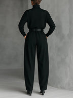 High-Neck T-Shirt and Straight-Leg Trousers Set All Black with Belt