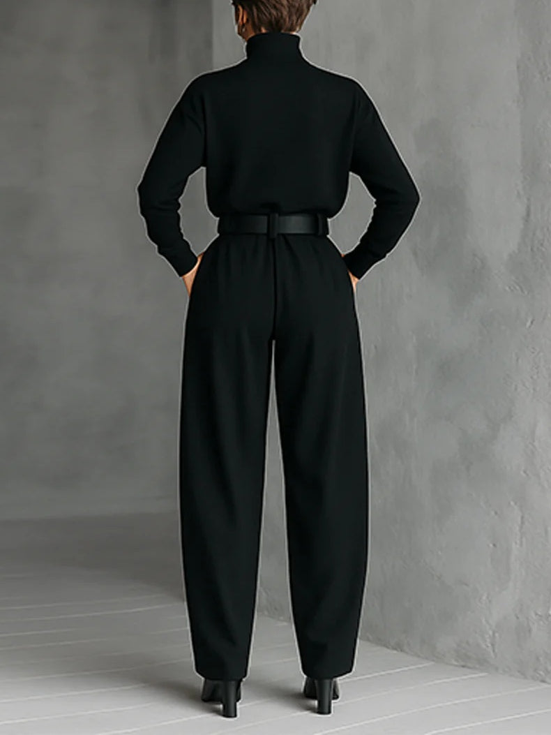 High-Neck T-Shirt and Straight-Leg Trousers Set All Black with Belt