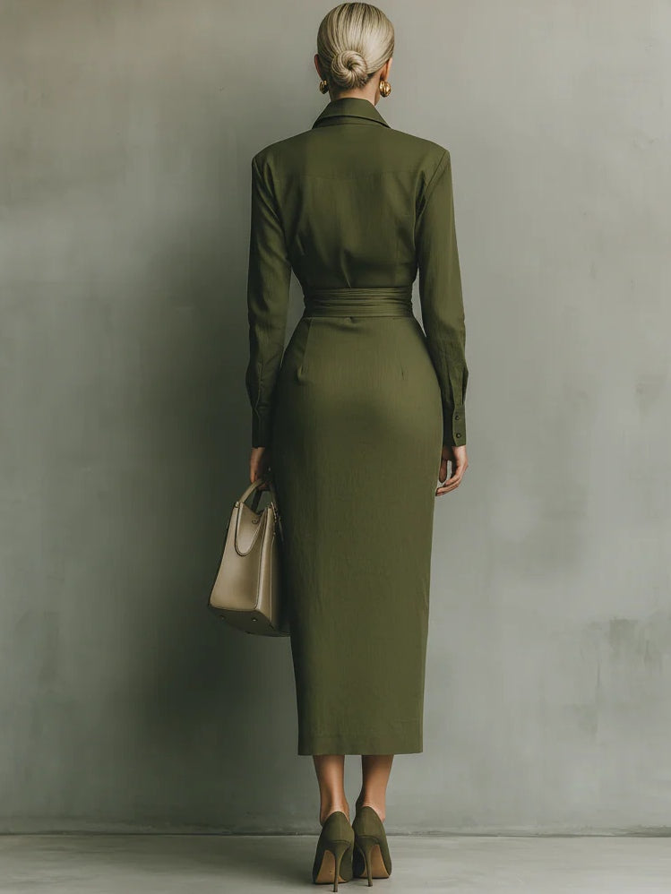 Army Green Cotton Blend Maxi Dress