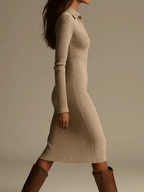 Vestido Midi de Punto Beige con Cuello Solapa y Costillas