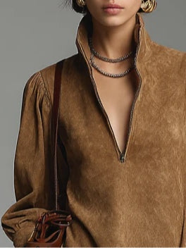 Vestido Mini Holgado de Ante Marrón con Cuello Alto y Cremallera