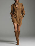 Vestido Mini Holgado de Ante Marrón con Cuello Alto y Cremallera