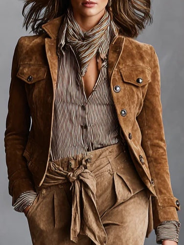 Short Brown Suede Jacket with Lapel Collar and Button Placket
