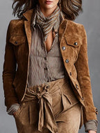 Short Brown Suede Jacket with Lapel Collar and Button Placket