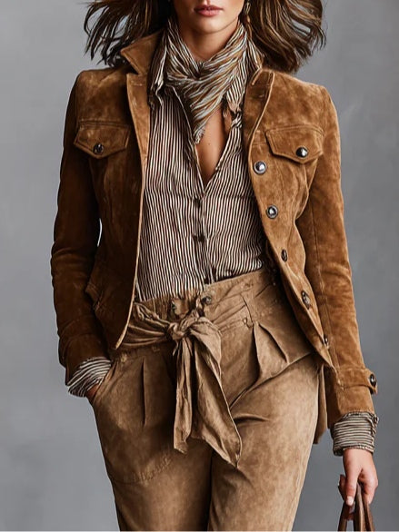 Short Brown Suede Jacket with Lapel Collar and Button Placket