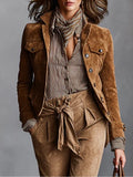 Short Brown Suede Jacket with Lapel Collar and Button Placket