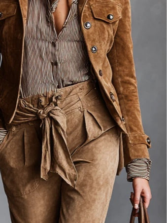 Short Brown Suede Jacket with Lapel Collar and Button Placket