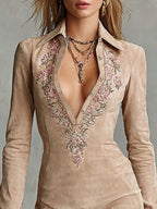 Vestido Midi de Ante Beige Slim con Cuello Solapa y Flores