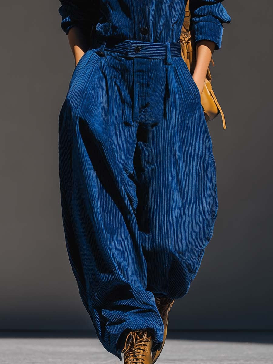 Blue Corduroy Hoodie and Wide-Leg Pants Set