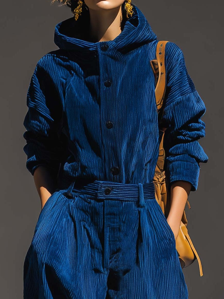 Blue Corduroy Hoodie and Wide-Leg Pants Set