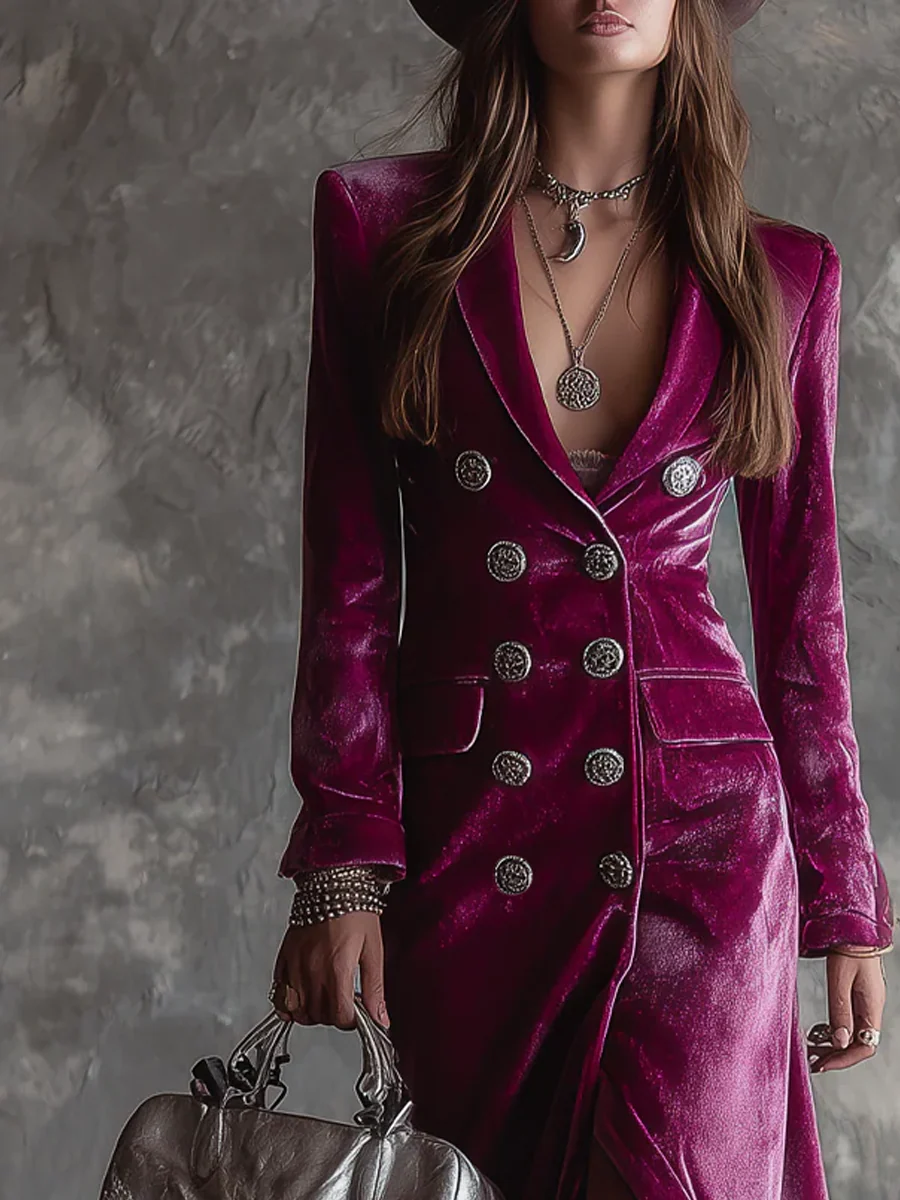 Vestido Maxi Blazer de Terciopelo Morado con Botonadura