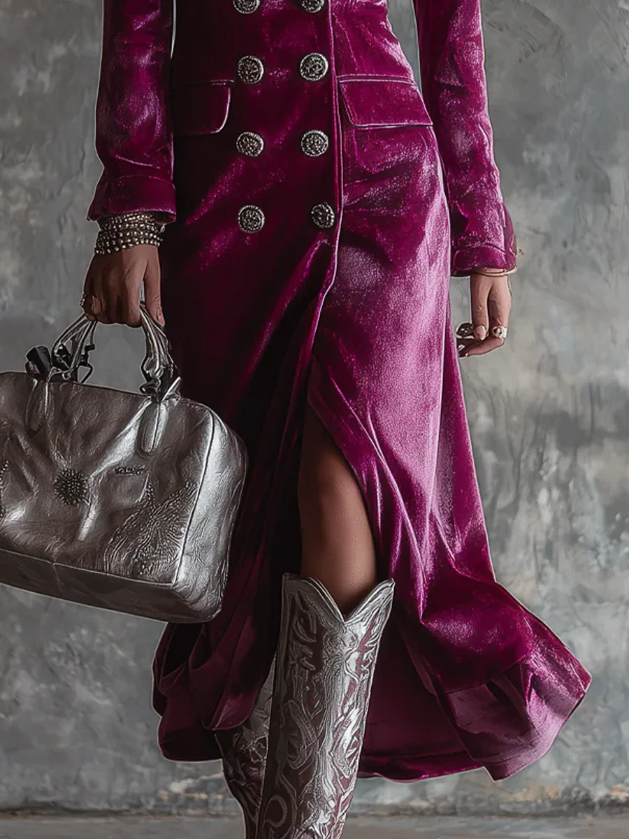 Vestido Maxi Blazer de Terciopelo Morado con Botonadura