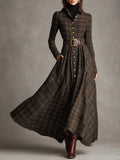 Brown and Black Plaid Shirt Dress with Lapel Collar