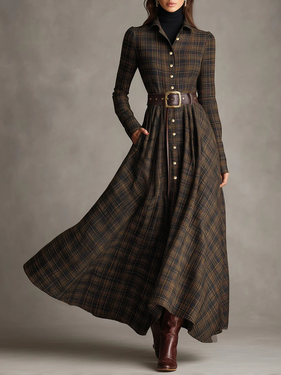 Brown and Black Plaid Shirt Dress with Lapel Collar